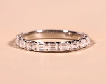 Diamond Wedding Band, 14k Gold Solid Gold Emerald Cut U prong Set Half Eternity Diamond Anniversary Ring, Bridal Ring, Emerald Stacking Ring