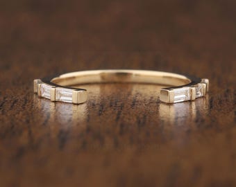 Open Baguette Lab Grown wedding band, 14K Yellow Gold Customize Open Gap matching bands, antique stacking anniversary promise bridal band.