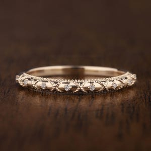 18K Yellow Gold Diamond Wedding Band Vintage Half Eternity Band, Antique Stackable Matchings Ring, Unique Floral Ring Milgrain Promise Ring