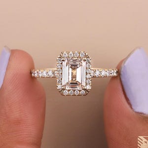 Emerald Cut Diamond Engagement Ring Genuine Lab Grown Diamond Ring Halo & Pave Setting Diamond Ring IGI Certified Diamond Anniversary Ring