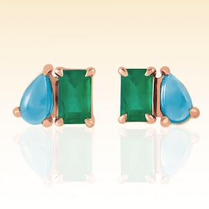 Toi Et Moi Earrings Green Emerald and Tanzanite Birthstone You & Me Studs Unique Toi Et Moi Earrings Her Anniversary Gift Mother’s Day gift