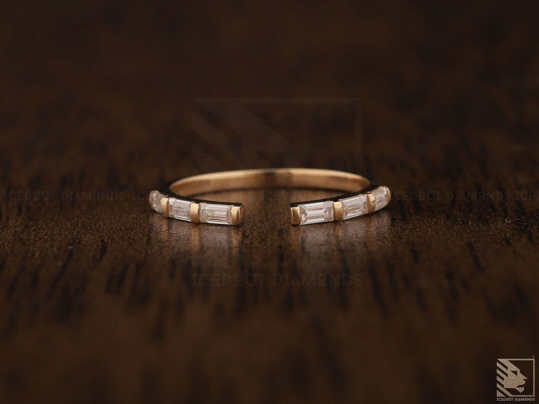 Open Baguette Moissanite Wedding Band, 14K Yellow Gold Customize Open ...