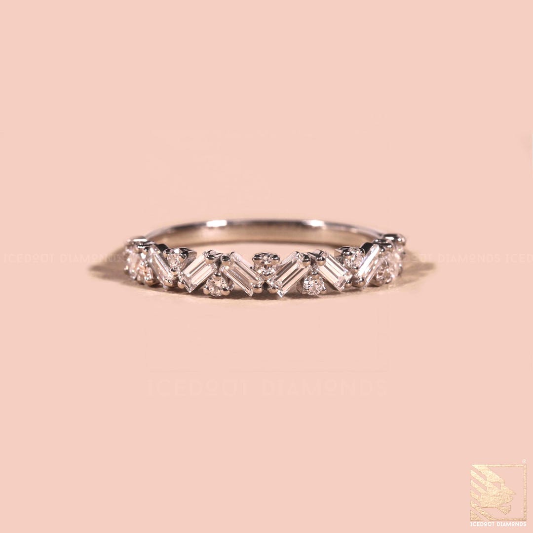 Baguette and Round Half Eternity Wedding Band 14K Gold Delicate Lab ...