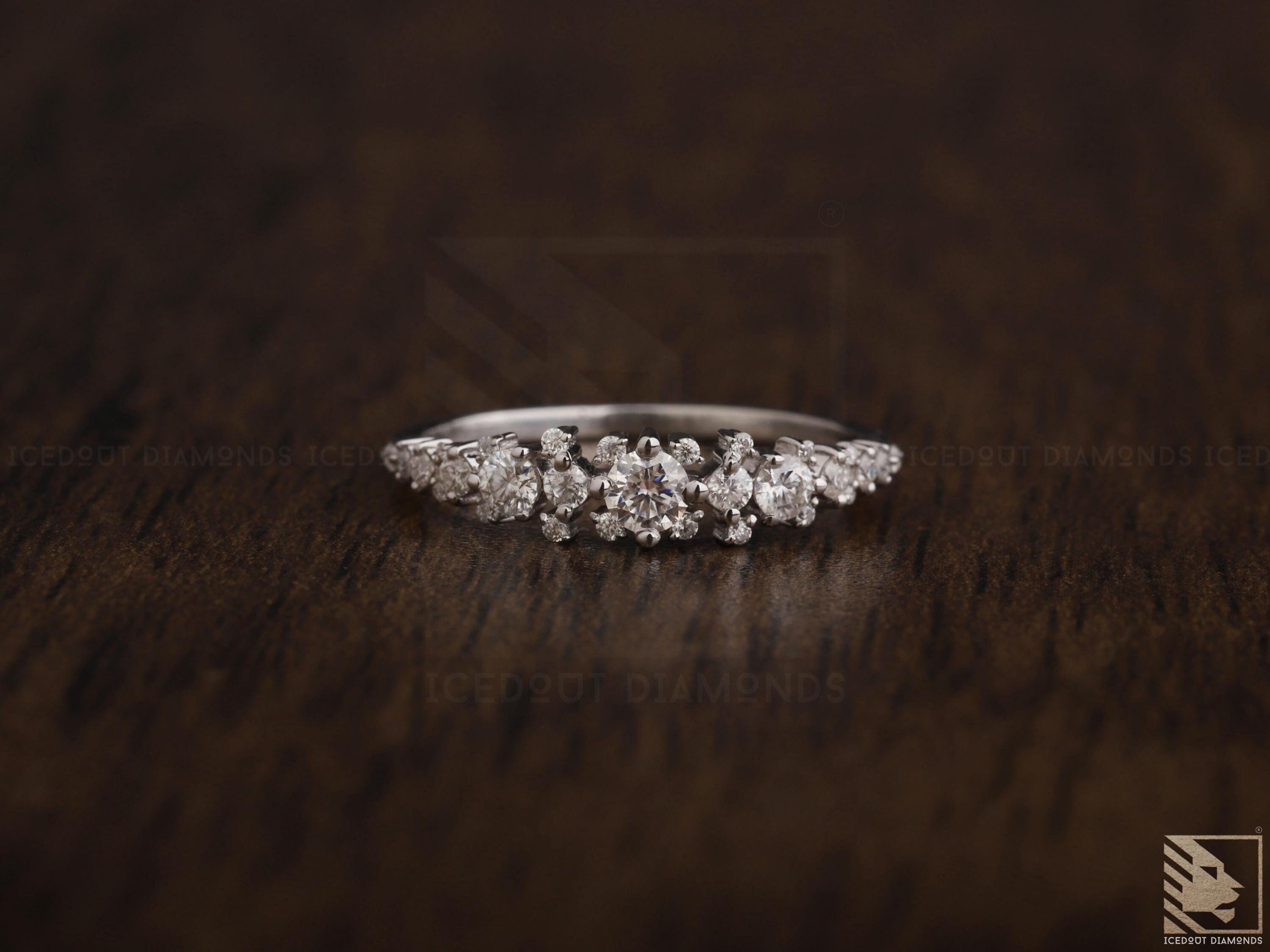 Moissanite Cluster Ring White Gold Sparkling Vintage Matching Wedding Band Elegant Half Eternity Jewelry Minimalist Wedding Ring Dainty ring