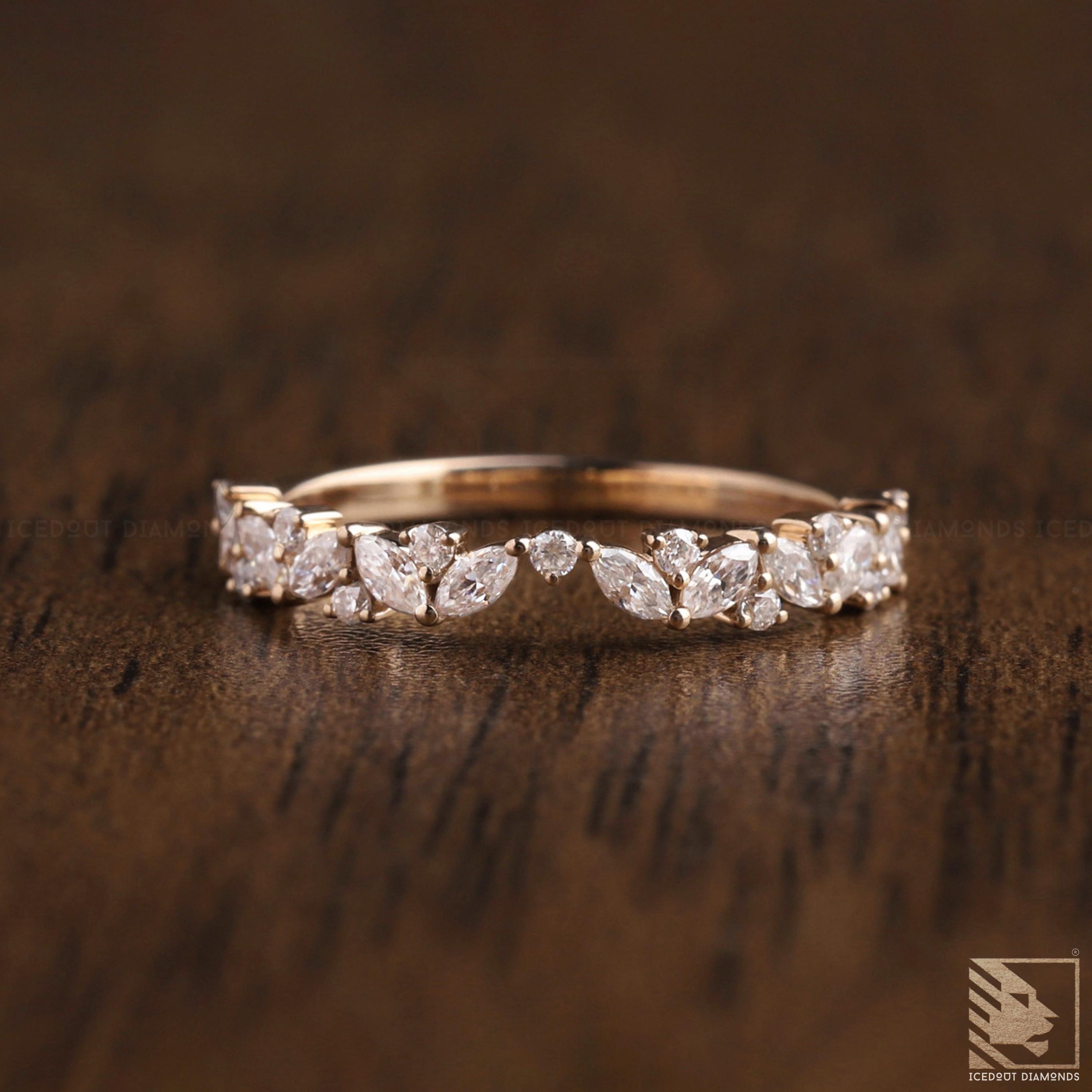 Notched Wedding band Marquise Moissanite Band Round and Marquise Diamond Band Matching Stackable Half Eternity Anniversary Band Gift For Her