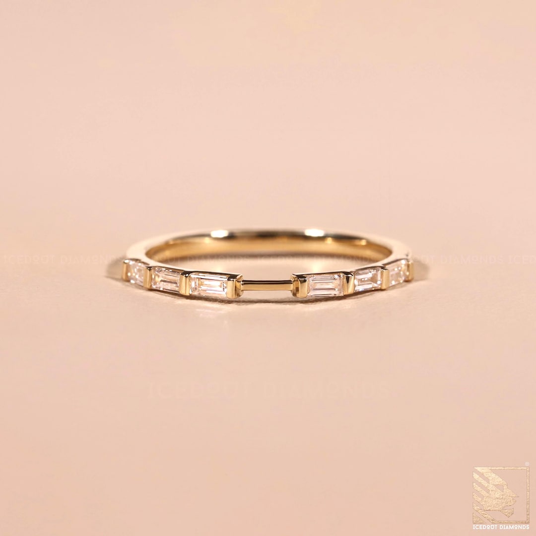 Baguette Lab Grown Diamond Notch Wedding Band 14K Yellow Gold Customize ...