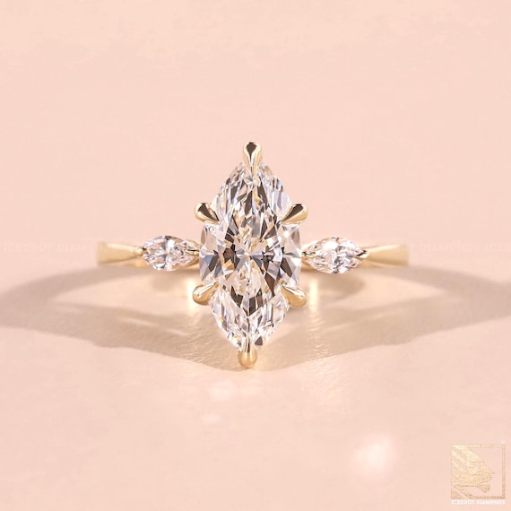 Three Stone Marquise Lab Grown Diamond Ring, 0.8 - 3.0 CT Marquise Cut Lab Created Diamond Engagement Ring Anniversary Gifts, Ring for Women