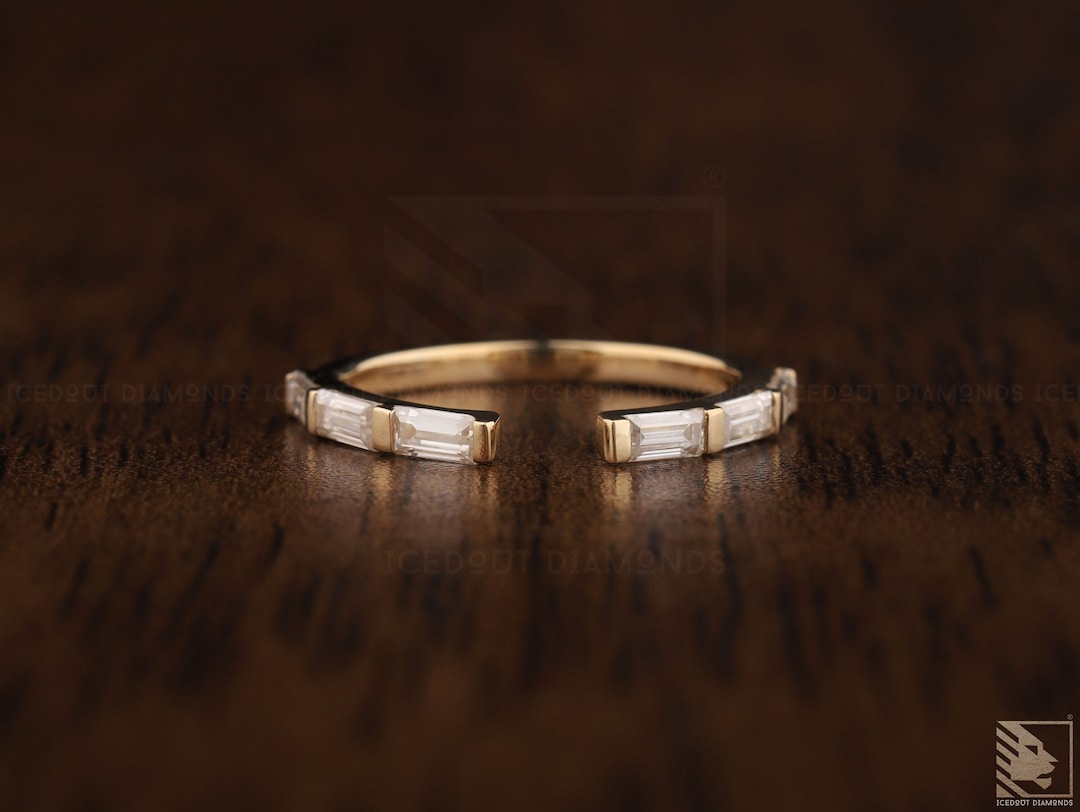 Open Baguette Moissanite Wedding Band, 14K Yellow Gold Customize Open ...