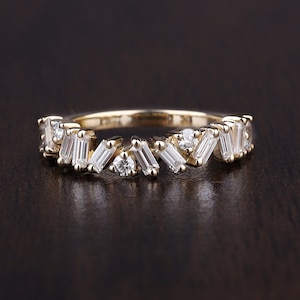 Baguette And Round Moissanite Wedding Band Mixed Diamond Half Eternity Baguette wedding band Art Deco Stacking Ring Anniversary Gift For Her