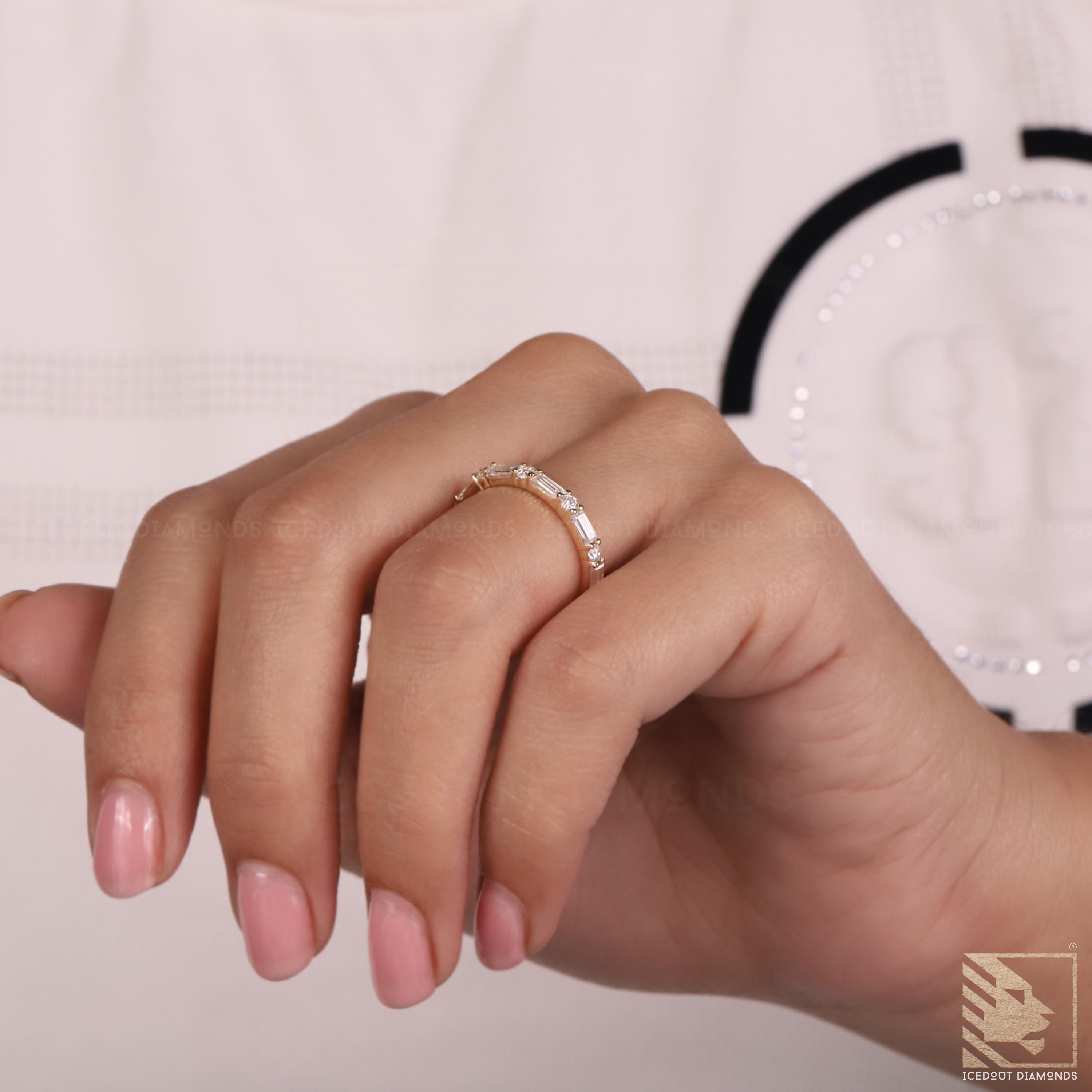 Baguette and Round 3/4 Eternity Wedding Band 14K Gold Delicate Lab ...