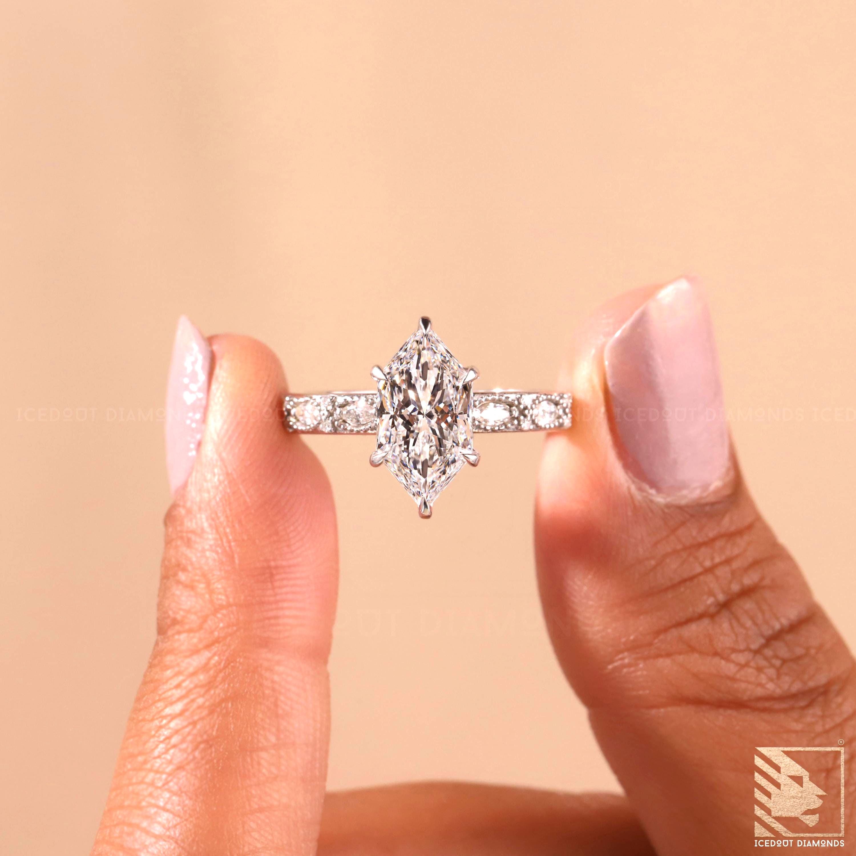Art Deco Dutch Marquise Cut Lab Grown Diamond Engagement Ring Milgrain ...