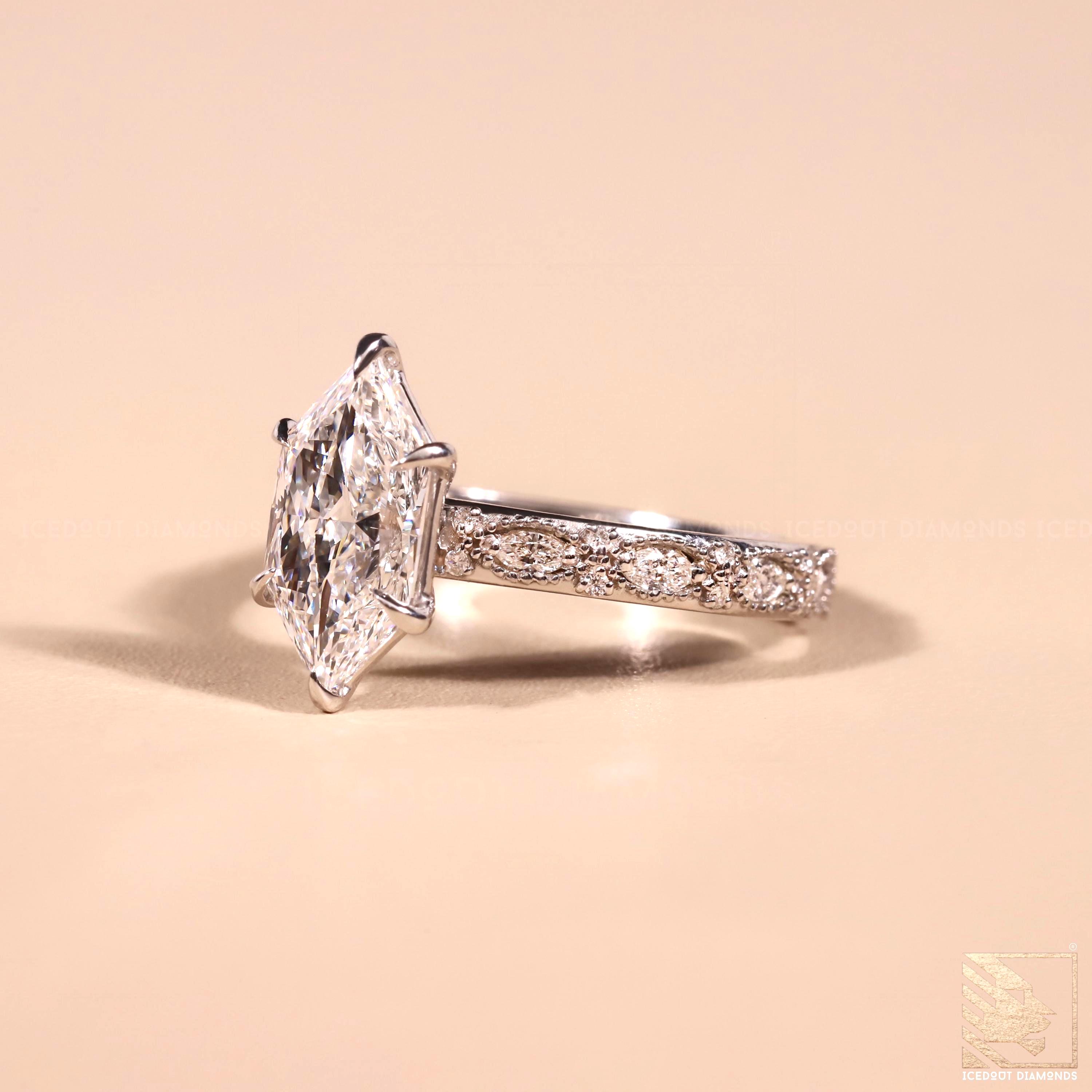 Art Deco Dutch Marquise Cut Lab Grown Diamond Engagement Ring Milgrain ...