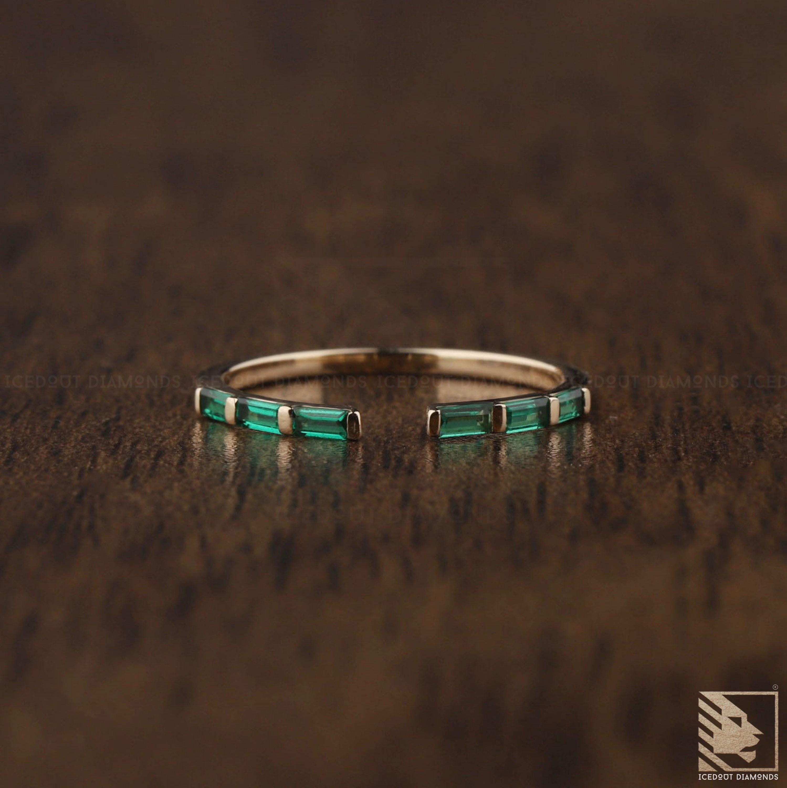 Green Emerald Wedding Band Stacking Open Gap Ring Baguette Emerald Silver Knuckle Matching Band Cuff Open Ring Gift For Her May Birthstone