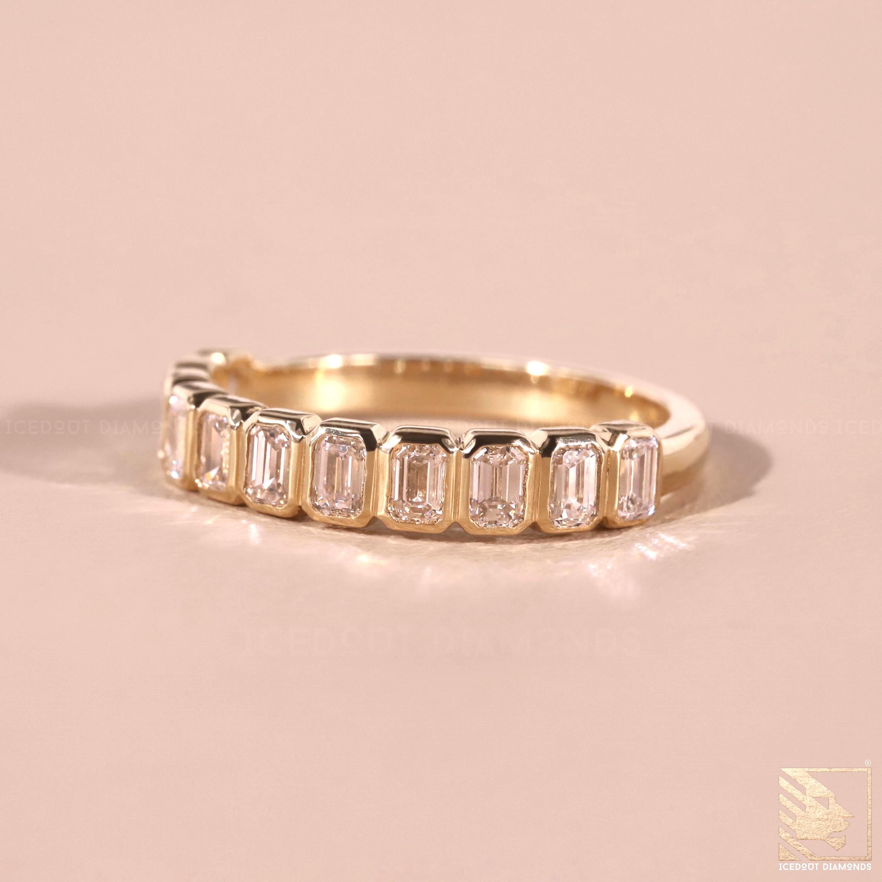 Emerald Cut Lab Grown Diamond Half Eternity Band 3x2mm Bezel Set ...