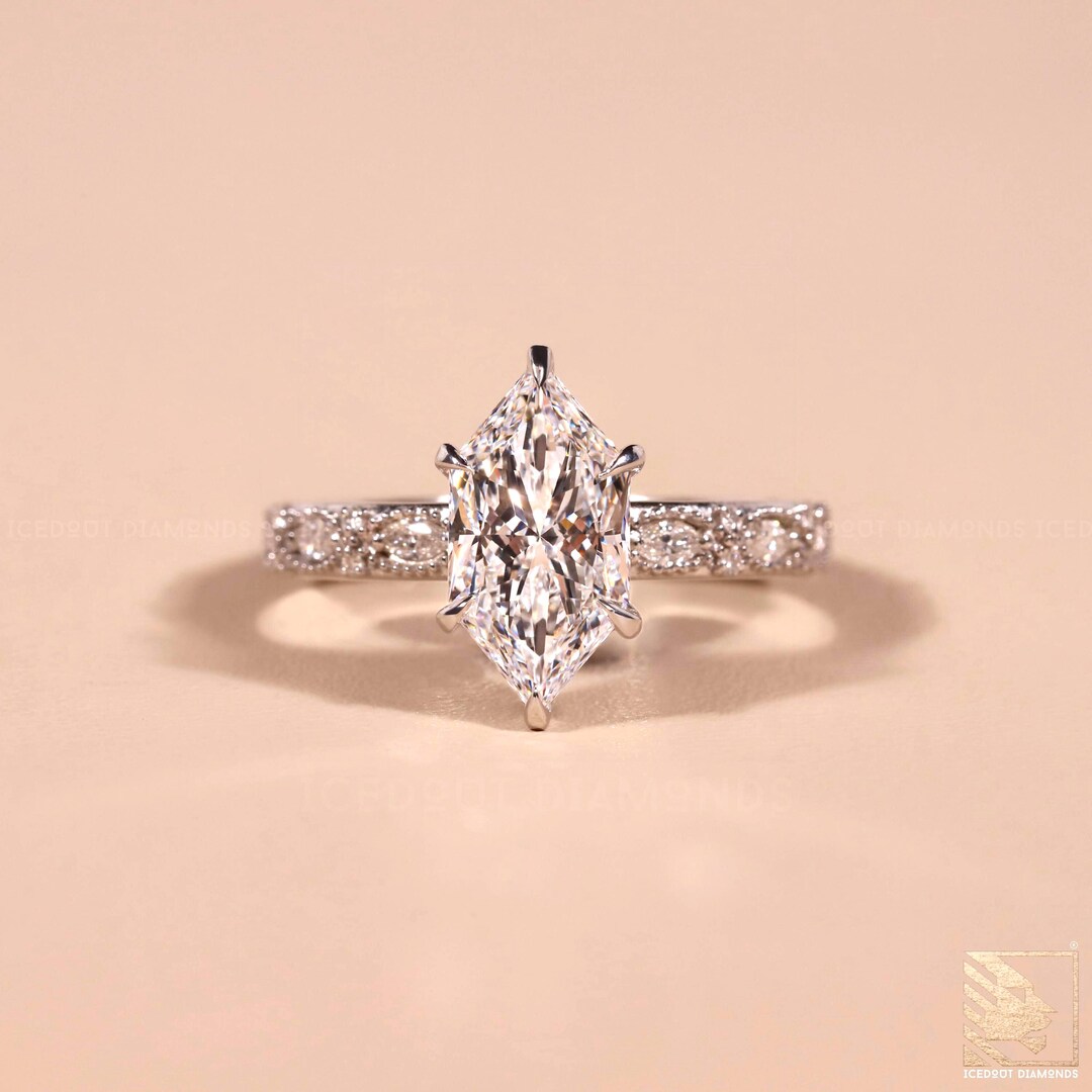 Art Deco Dutch Marquise Cut Lab Grown Diamond Engagement Ring Milgrain ...