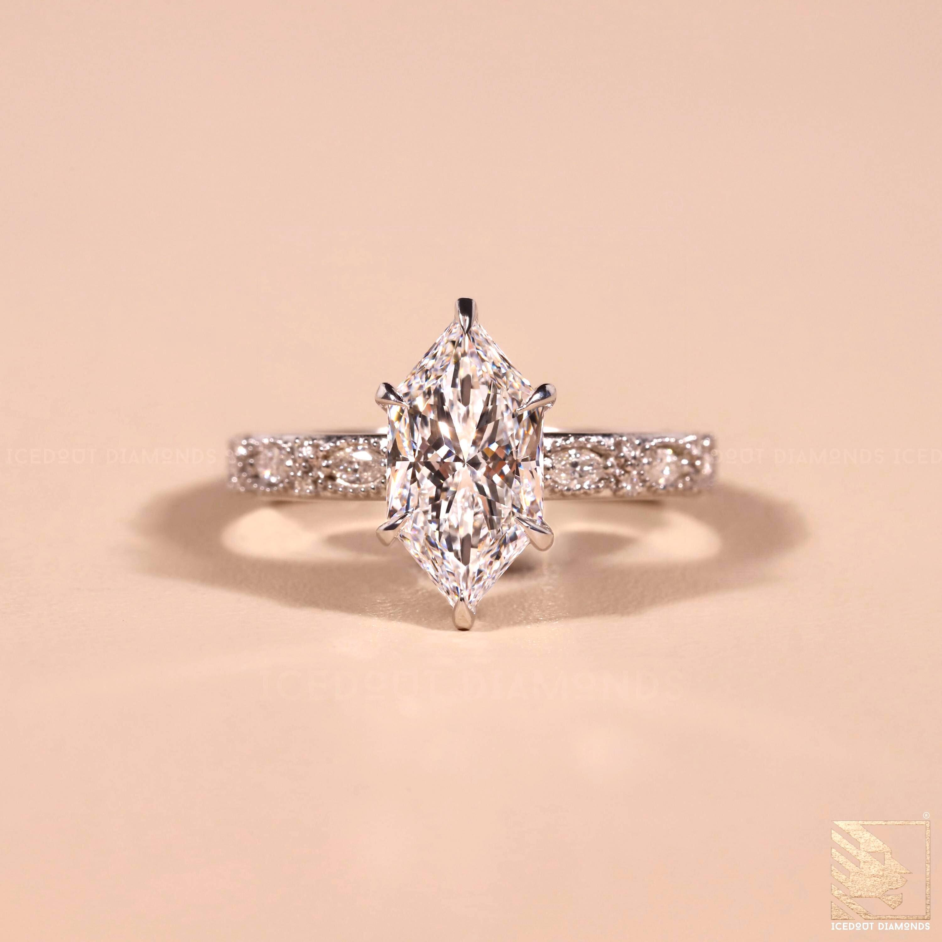 Art Deco Dutch Marquise Cut Lab Grown Diamond Engagement Ring Milgrain ...