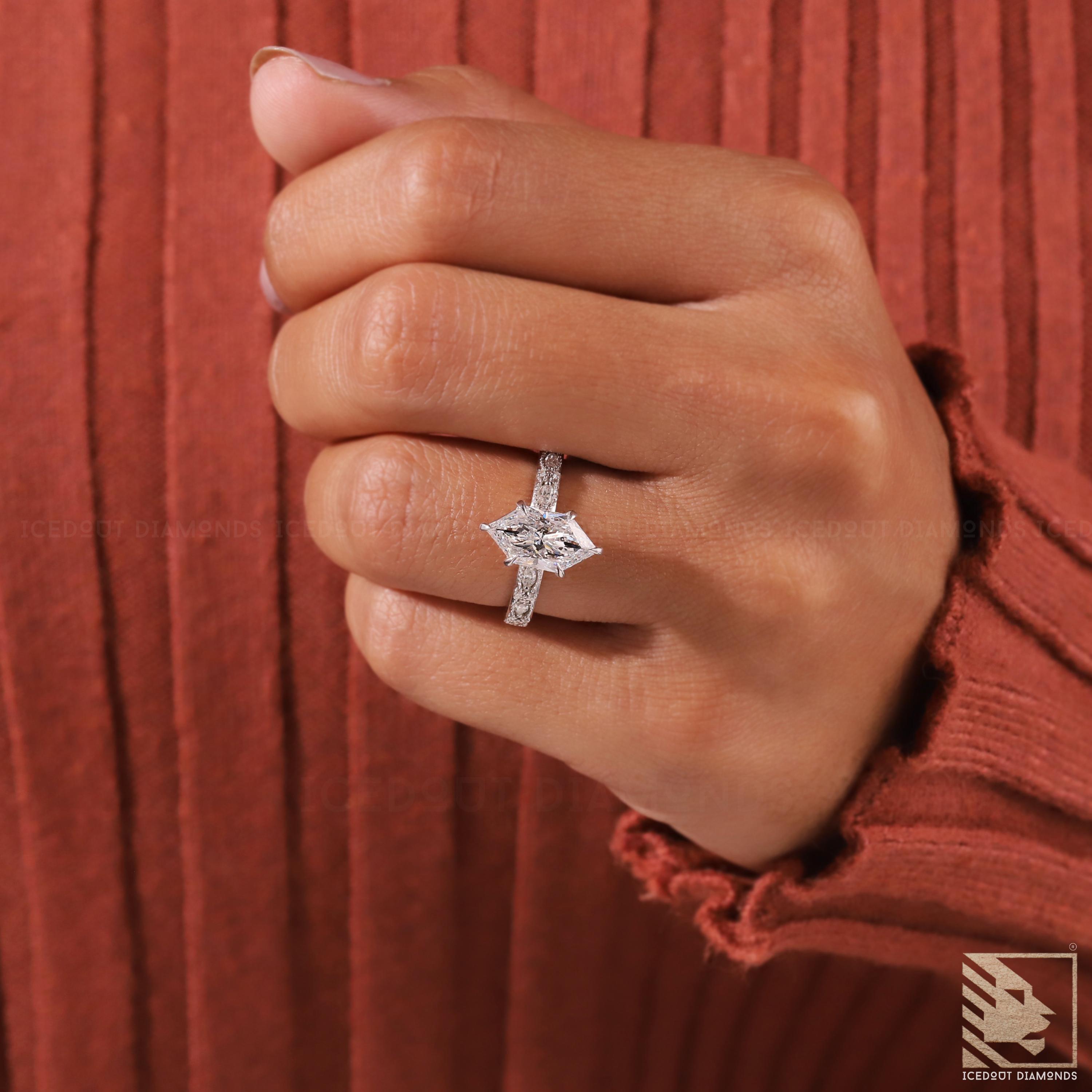 Art Deco Dutch Marquise Cut Lab Grown Diamond Engagement Ring Milgrain ...
