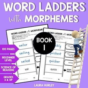 May include: A colorful printable worksheet for building multisyllabic words with prefixes and suffixes. The worksheet features two word ladders with the words "sailor", "sailing", "sailed", "sail" and "quickly", "quickest", "quicker", "quick". The title of the worksheet is "Word Ladders with Morphemes" and the subtitle is "Build Multisyllabic Words with Prefixes and Suffixes".