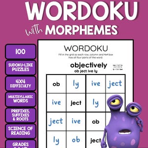 Wordoku avec morphèmes : casse-tête Mots multisyllabiques amusants avec préfixes, suffixes et racines Science de la lecture 100 casse-têtes pour la 3e année et plus