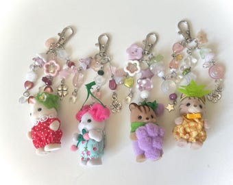 fruit calico critter handmade beaded keychains !! bag charms, authentic, and stainless steel