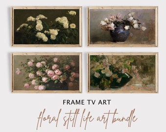 Cadre TV Art Fleurs, TV Art Floral Nature morte, vintage Peinture à l’huile Neutre, Samsung Frame TV Art Set de 4, Grand Art Digital Art Roses Pivoines