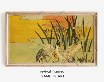 Japanese Cranes Samsung Frame TV Art, Boho Vintage Oil Painting, Japanese Artwork Instant Download, Large Digital Art, TV Wallpaper