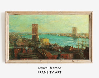 Brooklyn Bridge Samsung Frame TV Art, Vintage Architecture Painting, NYC Cityscape Frame TV Art Instant Download Large Digital Art Wallpaper