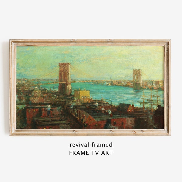 Brooklyn Bridge Samsung Frame TV Art, Vintage Architecture Painting, NYC Cityscape Frame TV Art Instant Download Large Digital Art Wallpaper