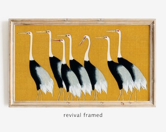 Cranes Frame TV Art, Vintage Japanese Painting Instant Download, Bird Animal Samsung Frame TV Art, Large Digital Artwork Yellow Black