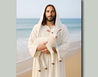 Metal Print: Behold the Lamb | Jesus and Lamb Print | Jesus Holding Lamb Art | Modern Christian Art | Lamb of God art | Jesus Shepherd