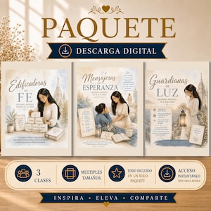 Könnte beinhalten: Ein digitales Download-Paket mit drei Postern mit den Titeln Edificadoras de Fe, Mensajeras de Esperanza und Guardianas de Luz. Jedes Poster zeigt Illustrationen in sanften, neutralen Tönen mit spanischem Text, religiösen Themen und Symbolen für Klassen, verschiedene Größen und sofortigen Zugriff.
