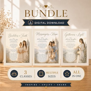 Könnte beinhalten: Ein Bundle aus drei digitalen Download-Drucken mit den Texten "Builders of Faith", "Messengers of Hope" und "Gatherers of Light". Jeder Druck zeigt eine Illustration von Frauen und Text. Das Bundle beinhaltet mehrere Größen und alles in einem.