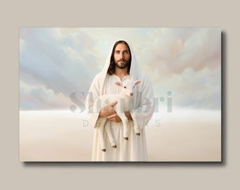 Metal Print: Light of the Lamb | Jesus and Lamb Print | Jesus Holding Lamb Art | Modern Christian Art | Lamb of God art | Jesus Shepherd