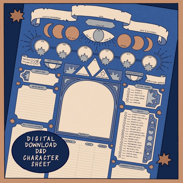 Mystic Skies | Printable DnD Character Sheet PDF for Dungeons and Dragons 5e