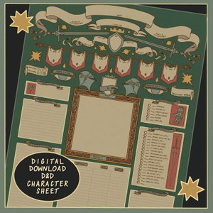 May include: A digital D&D character sheet with a green background and decorative elements. The sheet includes sections for stats, skills, and notes, with the text "DIGITAL DOWNLOAD D&D CHARACTER SHEET". The design features banners, swords, and a shield.