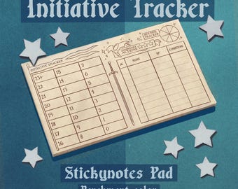 Könnte beinhalten: Ein braunes und weißes Initiative-Tracker-Klebeblock mit einer Schwertdarstellung und einem Sternendesign. Der Block hat ein Raster zum Verfolgen von Initiative, Rüstungsklasse, Trefferpunkten und Bedingungen. Der Text "Initiative Tracker" ist oben auf dem Block gedruckt.