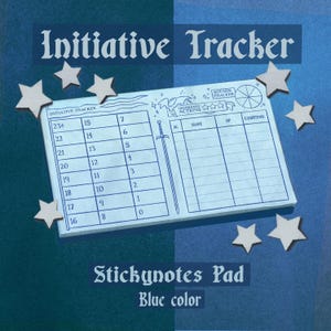 May include: A blue sticky note pad with the text "Initiative Tracker" and "Stickynotes Pad". The pad features a grid for tracking game stats, a sword graphic, and star-shaped decorations. The text "Blue color" is also present.