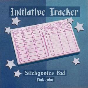 May include: A pink sticky note pad with the words "Initiative Tracker" and "Stickynotes Pad" in a stylized font. The pad has a grid for tracking game information, a sword graphic, and star-shaped decorations.
