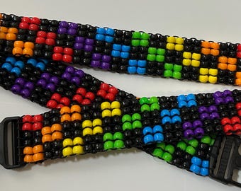 Black and Rainbow checkered Kandi belt opaque, glow in the dark & glitter