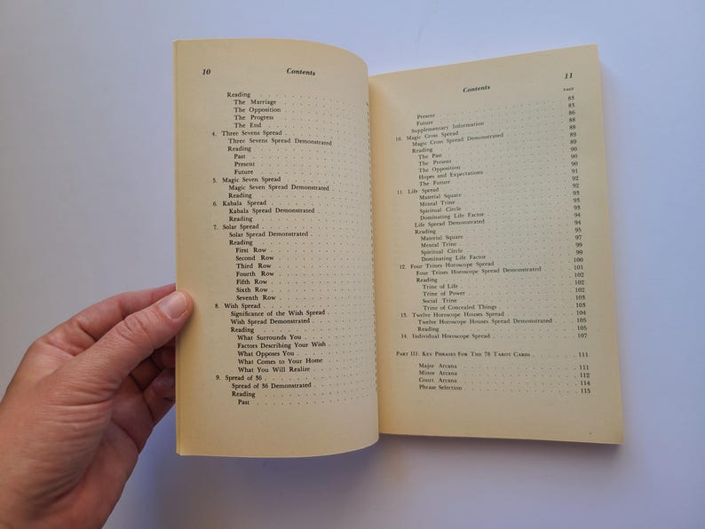 Puede incluir: Libro abierto que muestra una p&aacute;gina de contenido con t&iacute;tulos como "El Matrimonio", "La Oposici&oacute;n" y "Magic Seven Spread". Las p&aacute;ginas amarillentas sugieren un libro antiguo.