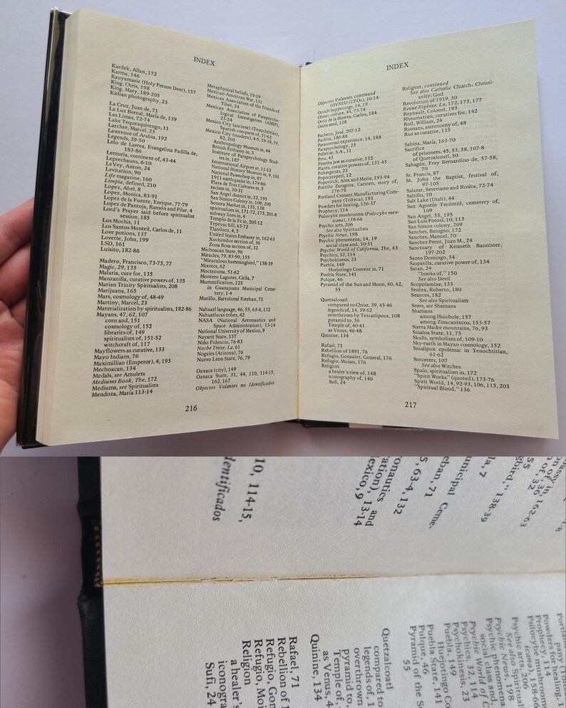 Pu&ograve; includere: Libro aperto con copertina nera, che mostra due pagine di indice. Il testo &egrave; nero su sfondo color crema. Il libro &egrave; aperto alle pagine 216 e 217, con una visione parziale delle voci dell'indice.