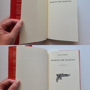 Puede incluir: Un libro abierto titulado "Frabato el Mago" de Franz Bardon. La portada del libro es roja con texto negro y una ilustraci&oacute;n en blanco y negro de un p&aacute;jaro con una rueda en el pecho. El libro es una novela oculta publicada en 1995 por Merkar Publishing, Inc. Wisdom of the Occident.