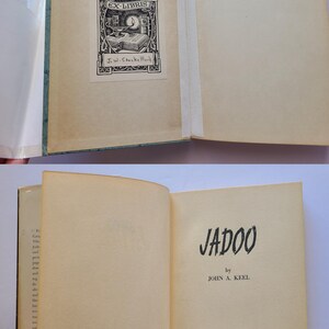 May include: An open book titled "JADOO" by John A. Keel. The book has a vintage appearance with aged paper and a decorative bookplate. The publisher is Julian Messner, Inc., New York.