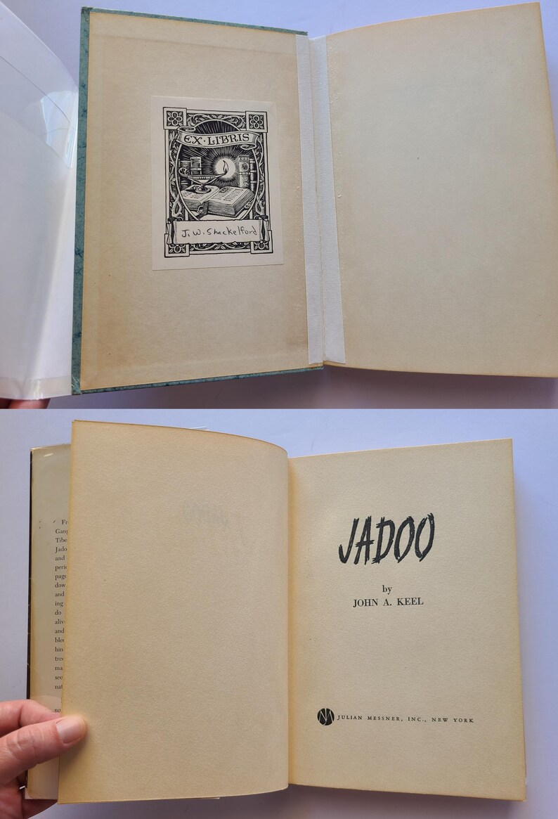 May include: An open book titled "JADOO" by John A. Keel. The book has a vintage appearance with aged paper and a decorative bookplate. The publisher is Julian Messner, Inc., New York.