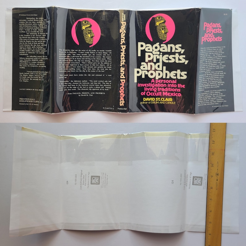 Pu&ograve; includere: Copertina del libro "Pagans, Priests, and Prophets" di David St. Clair. La copertina &egrave; nera con testo rosa e bianco. Presenta una grafica di un volto all'interno di un cerchio rosa. Il libro &egrave; in una custodia di plastica trasparente.