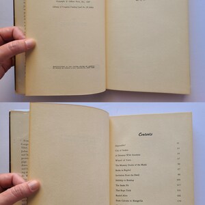 May include: An open vintage book with aged, yellowed pages. One page displays publication details, the other a quote. The contents page lists chapters such as "City of Snakes" and "The Snake Pit". The book is held open.