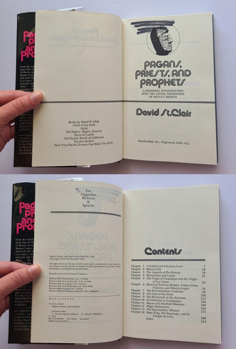 Pu&ograve; includere: Un libro aperto intitolato "Pagans, Priests, and Prophets" di David St. Clair. La copertina del libro &egrave; nera con testo rosa e bianco. Le pagine mostrano testo e un sommario, con un disegno di un volto.