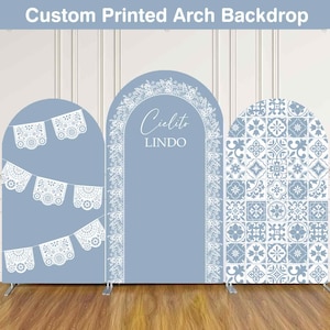 Dusty Blue Cielito Lindo  Arch Backdrop Cover Stand Baby Shower Girl Party Custom Terracotta Talavera Mexcian Arched Chiara Wall Panels Sign