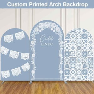 Dusty Blue Cielito Lindo  Arch Backdrop Cover Stand Baby Shower Girl Party Custom Terracotta Talavera Mexcian Arched Chiara Wall Panels Sign