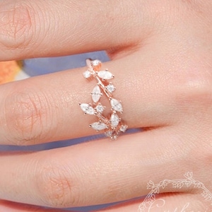 Marquise Moissanite/Diamond Promise ring,14K Solid Rose Gold Leaf Wedding Ring,Art deco ring,Cluster ring,Unique Anniversary Ring for her
